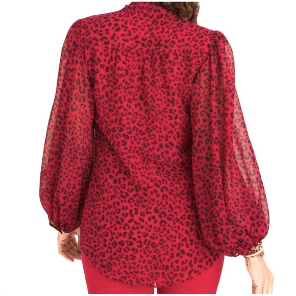 Chicos Women's Red and Black Balloon sleeve Animal Print Vneck blouse Large - Picture 2 of 10